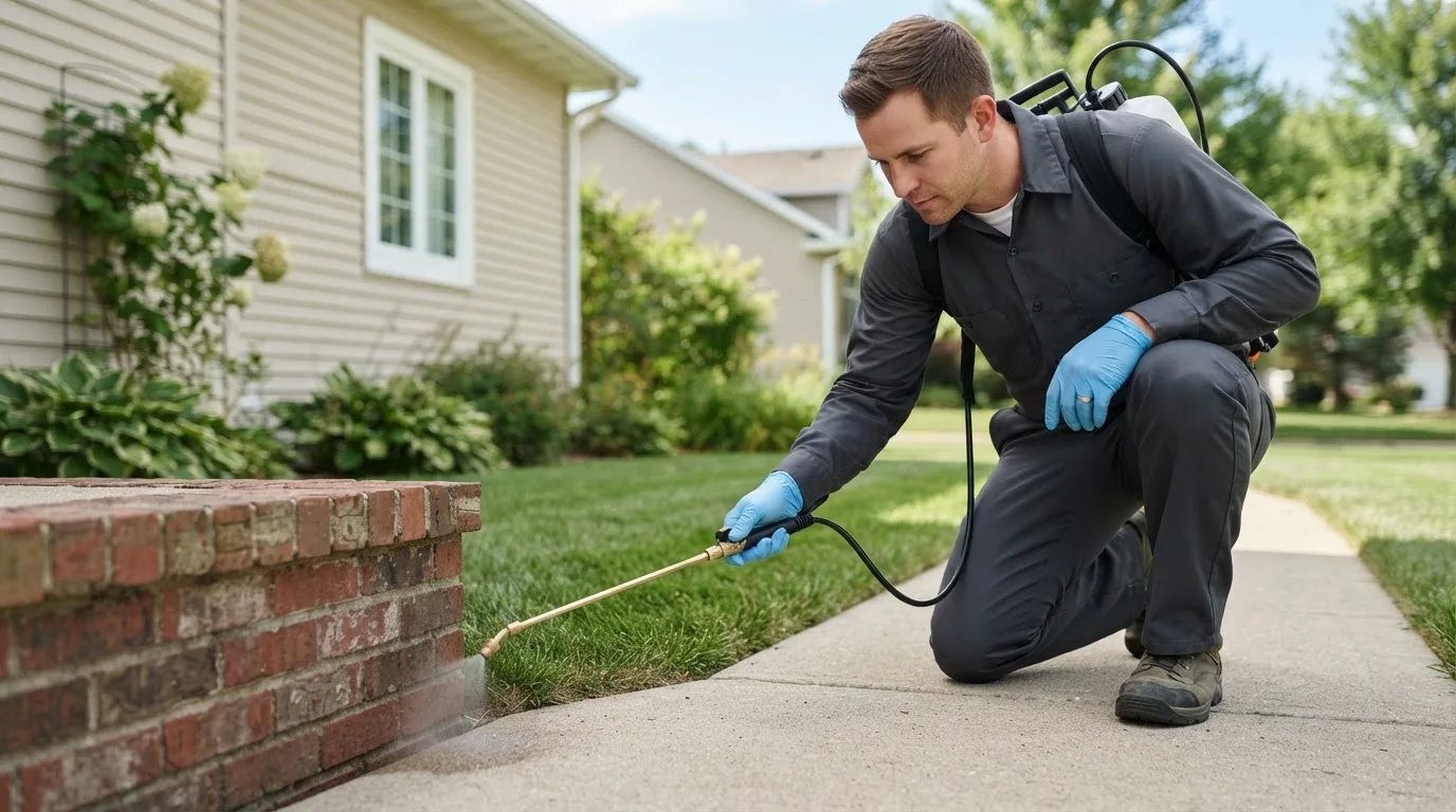 Pest control technician treating a home near Adamsville, TN
