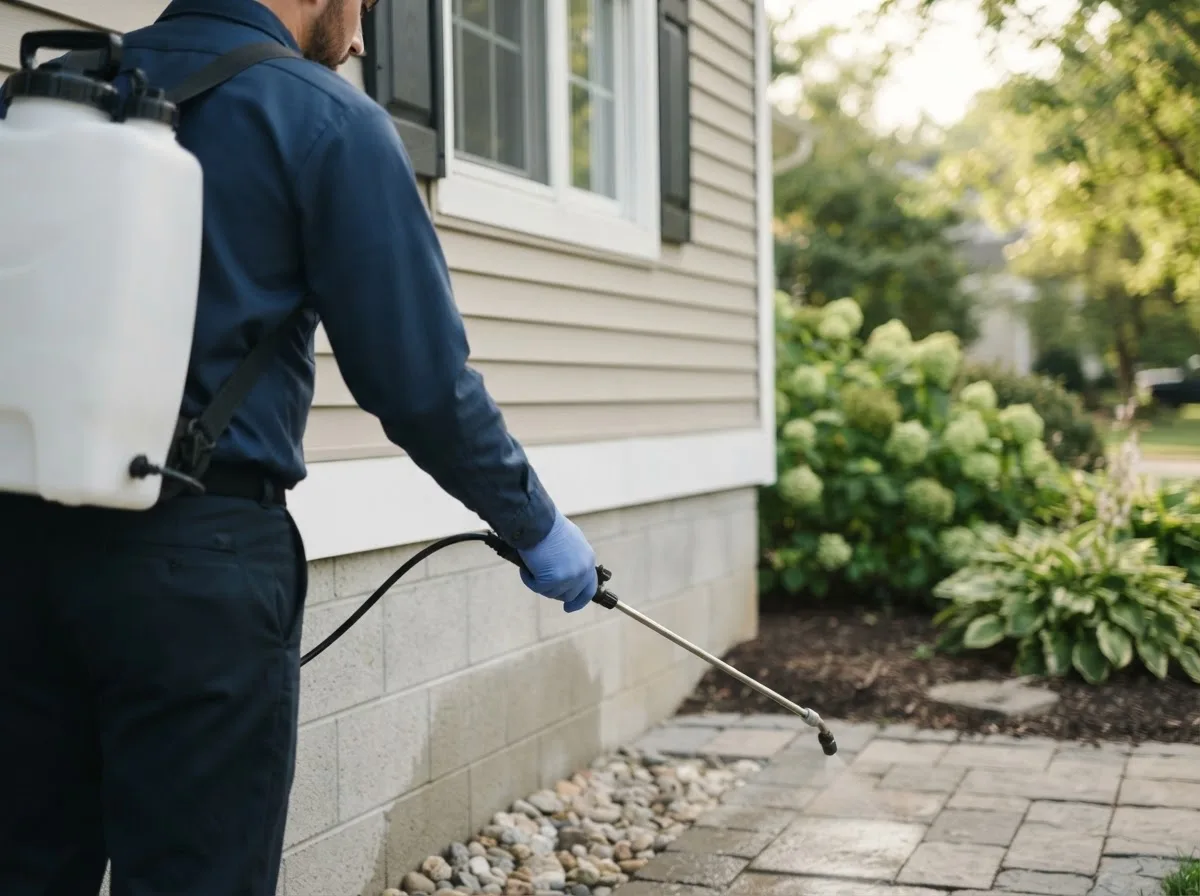 Pest control technician inspecting a home in Adamsville, TN